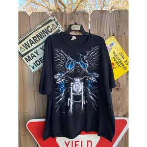 Vintage Y2K Black biker skull shirt with angel wings and lightning bolt Size 3XL